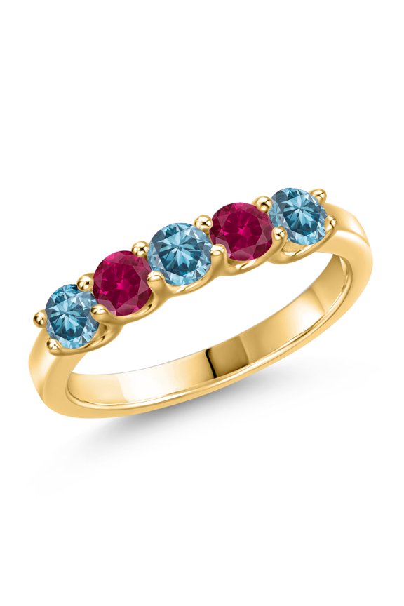 1.01 Ct Blue Lab Grown Diamond Red Created Ruby 18K Yellow Gold Plated Silver Ring
