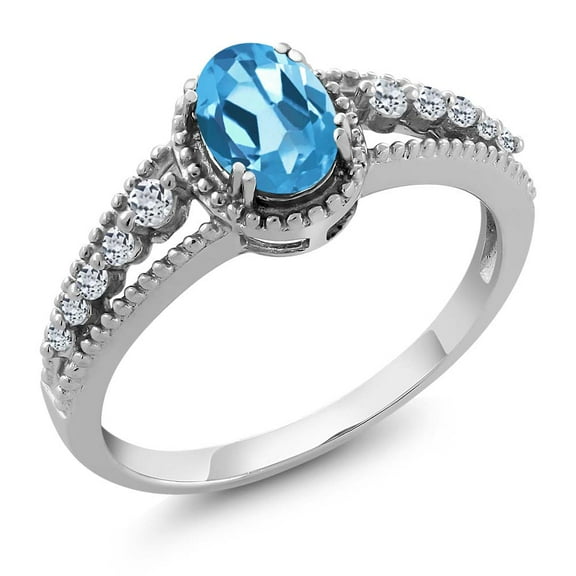Gem Stone King Oval Swiss Blue Topaz White Topaz 1.21 Ct 925 Sterling Silver Engagement Ring (Size 8)