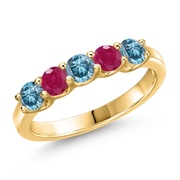 Gem Stone King 1.01 Ct Round Blue Lab Grown Diamond Red Ruby 18K Yellow Gold Plated Silver Ring