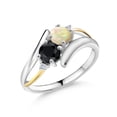 thumbnail image 1 of Gem Stone King 1.01 Ct Round Cabochon White Ethiopian Opal Black Sapphire 925 Silver and 10K Yellow Gold Lab Grown Diamond Two Stone Crossover Ring (Size 5), 1 of 5