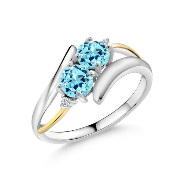 Gem Stone King 1.01 Cttw Round Blue Apatite 925 Silver and 10K Yellow Gold Lab Grown Diamond Two Stone Crossover Ring for Women | Gemstone Birthstone (Size 7)