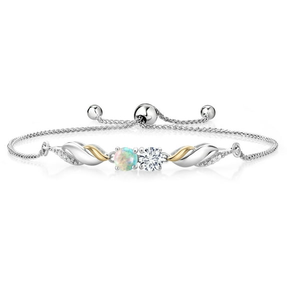 Gem Stone King 1.02 Ct E-F Lab Grown Diamond White Simulated Opal 925 Silver and 10K Yellow Gold Bracelet for Women