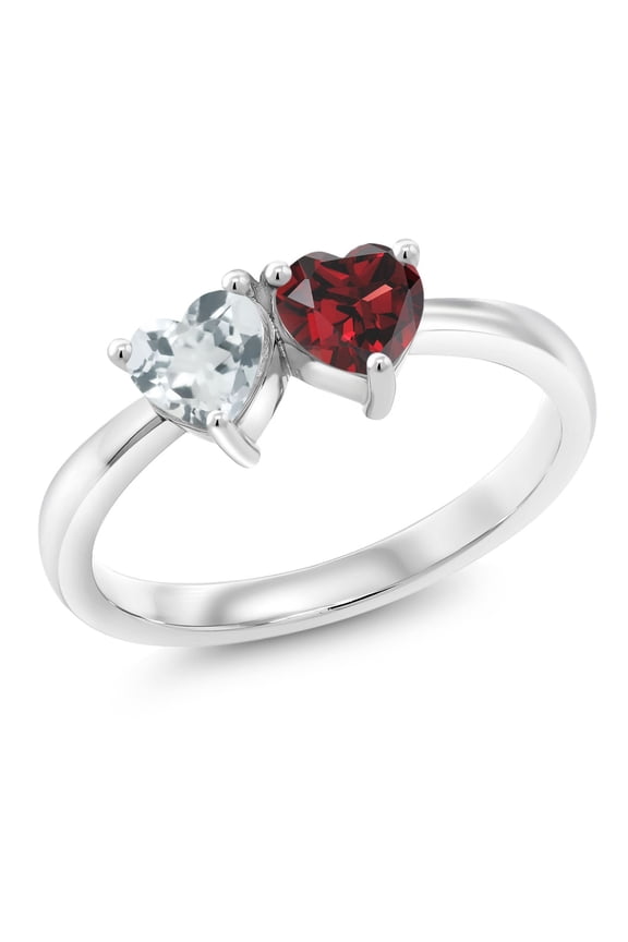 1.02 Ct Heart Shape Sky Blue Aquamarine Red Garnet 925 Sterling Silver Ring (Size 7)