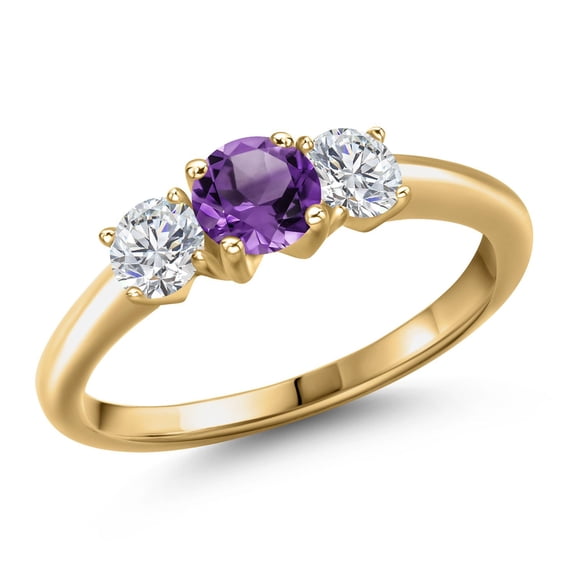 Gem Stone King 18K Yellow Gold Plated Silver Purple Amethyst and Lab Grown Diamond Engagement Ring for Women | 1.02 Cttw | Round 5MM | Gemstone February Birthstone | Size 9