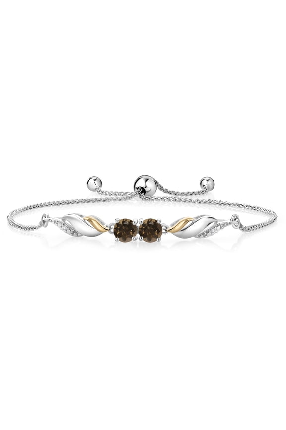 1.02 Ct Round Brown Smoky Quartz 925 Silver and 10K Yellow Gold Lab Grown Diamond Bracelet for Women