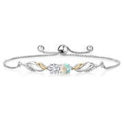 Gem Stone King 1.02 Ct Round Cabochon White Simulated Opal E-F Lab Grown Diamond 925 Silver and 10K Yellow Gold Bracelet for Women