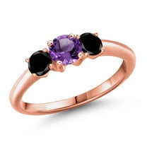 Gem Stone King 18K Rose Gold Plated Silver Purple Amethyst and Black Diamond Engagement Ring for Women | 1.02 Cttw | Round 5MM | Gemstone February Birthstone | Size 6