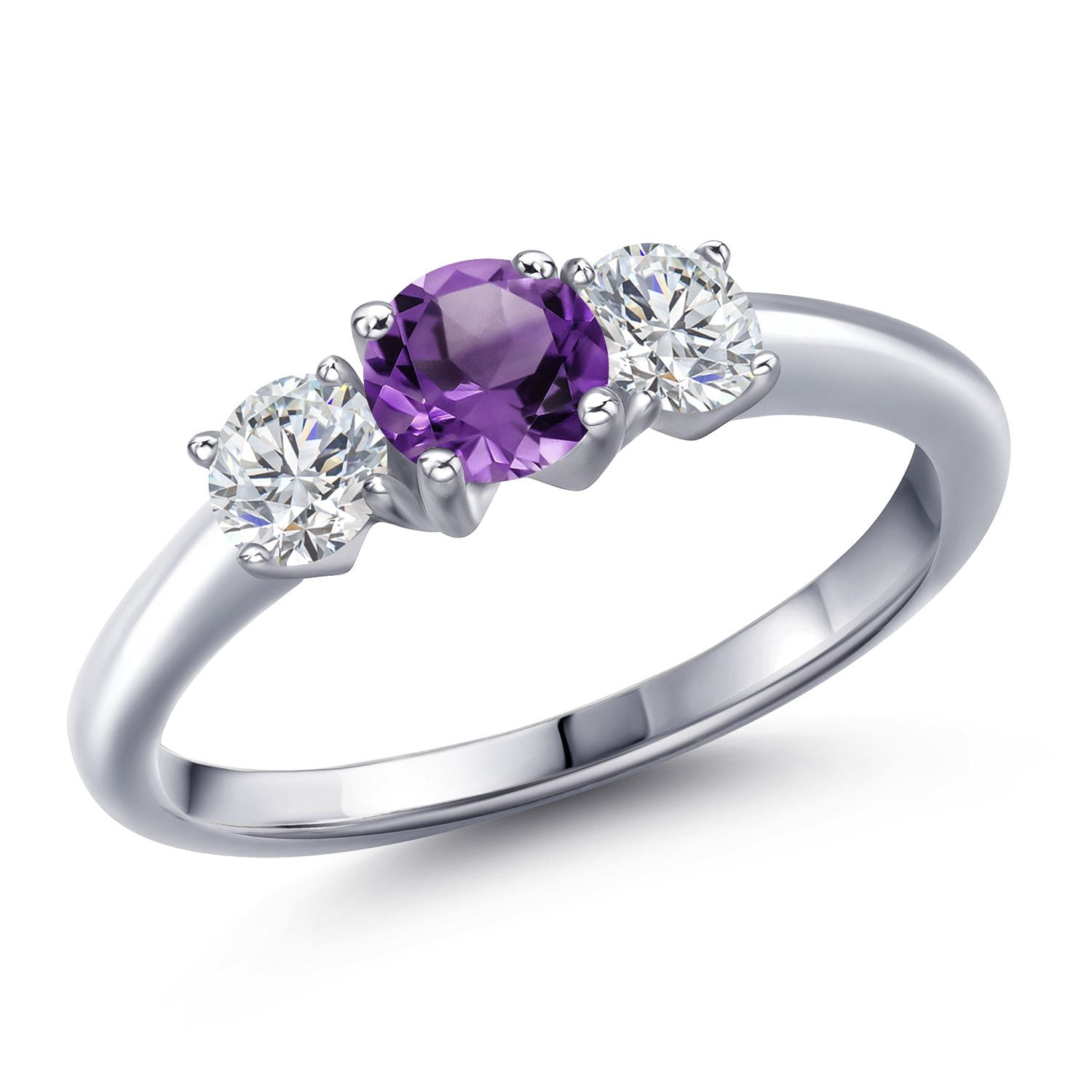 Gem Stone King 925 Sterling Silver Purple Amethyst and Lab Grown Diamond 3-Stone Engagement Ring for Women | 1.02 Cttw | Round 5MM | Gemstone February Birthstone (Size 8)