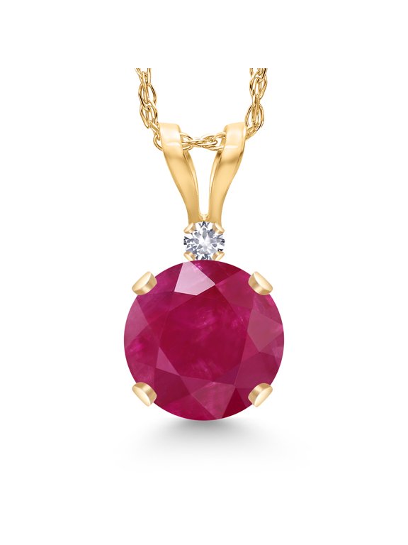 14K Yellow Gold Red Ruby and White Created Sapphire Pendant Necklace for Women | 1.02 Cttw | Gemstone July Birthstone | Round 6MM | With 18 inch Chain