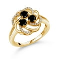 thumbnail image 1 of Gem Stone King 1.03 Ct Black Diamond White Created Sapphire 18K Yellow Gold Plated Silver 3-Stone Flower Ring (Size 6), 1 of 3