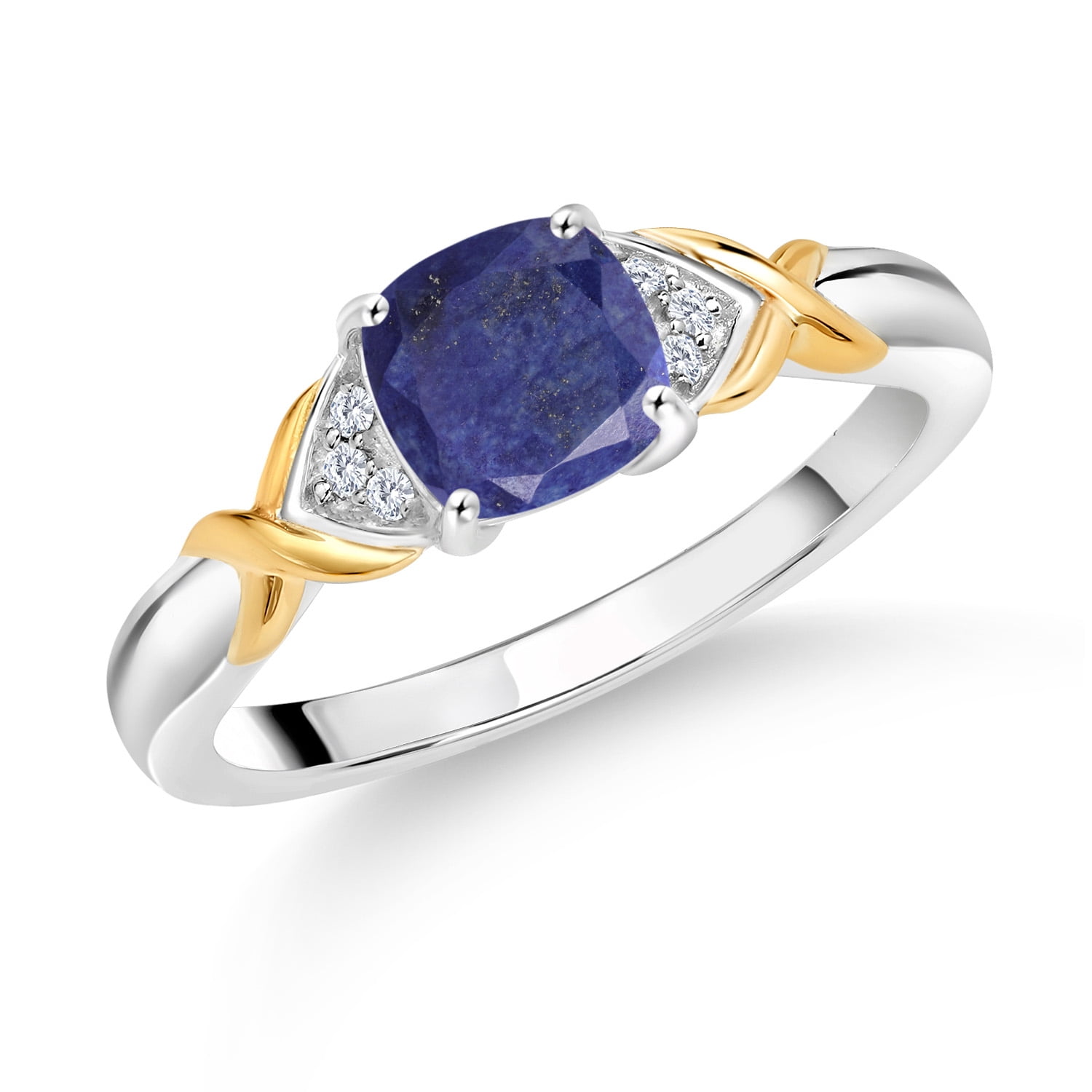 Gem Stone King 1.03 Ct Blue Lapis E-F Lab Grown Diamond 925 Silver and 10K Yellow Gold Ring