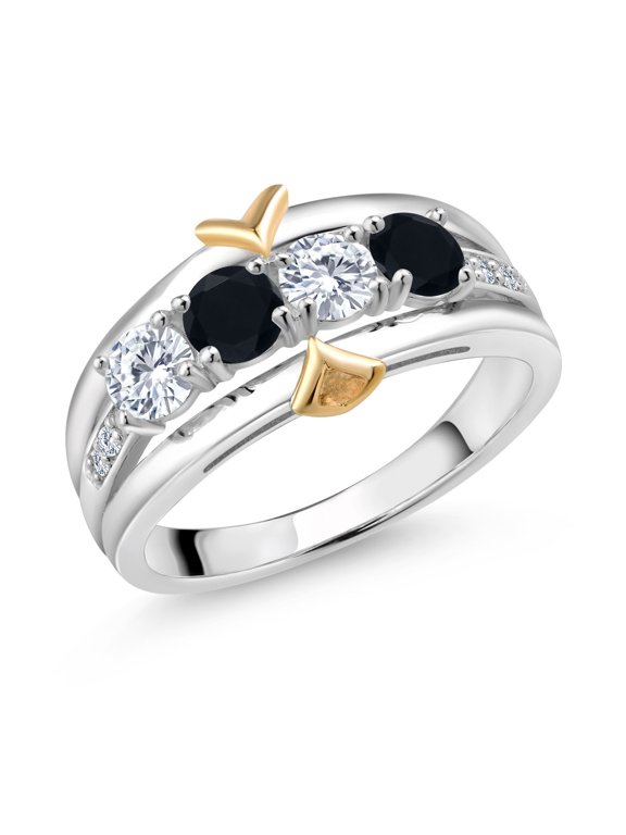 1.03 Ct Round G/H Lab Grown Diamond Black Onyx 925 Silver and 10K Yellow Gold Ring (Size 5)