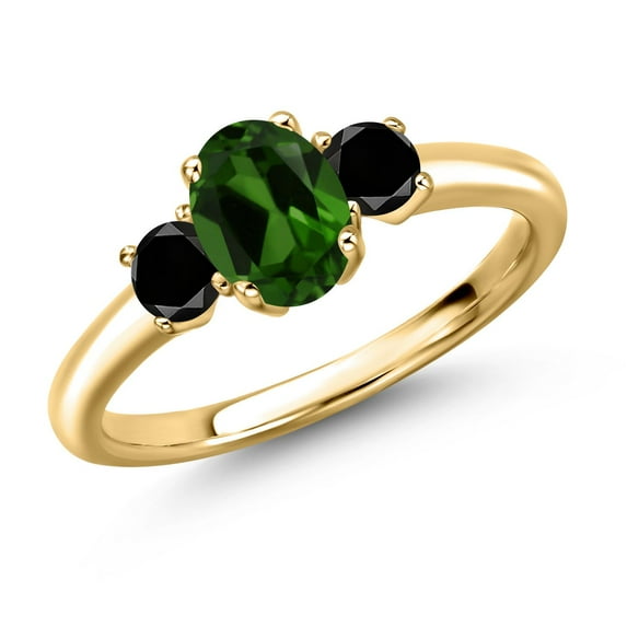 Gem Stone King 18K Yellow Gold Plated Silver Green Chrome Diopside and Black Diamond Engagement Ring for Women | 1.04 Cttw | Oval 7X5MM | Gemstone Birthstone | Size 9