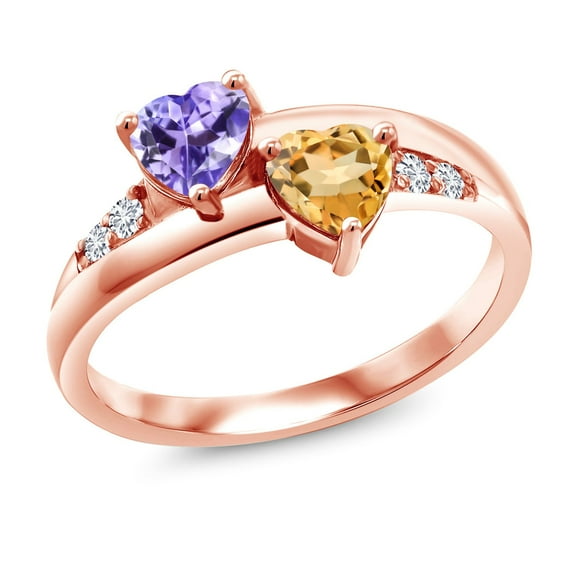 Gem Stone King 1.04 Ct Heart Shape Blue Tanzanite Yellow Citrine 18K Rose Gold Plated Silver Lab Grown Diamond Ring (Size 8)