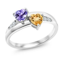 Gem Stone King 1.04 Ct Heart Shape Blue Tanzanite Yellow Citrine 925 Sterling Silver Lab Grown Diamond Ring (Size 9)