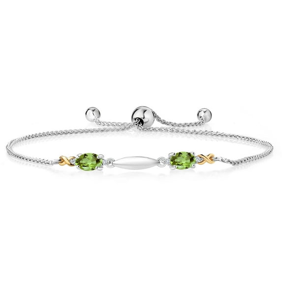 Gem Stone King 1.04 Ct Oval Green Peridot 925 Silver and 10K Yellow Gold Lab Grown Diamond Bracelet for Women