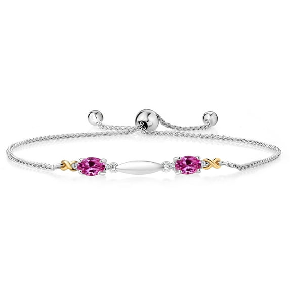 Gem Stone King 1.04 Ct Oval Pink Created Sapphire 925 Silver and 10K Yellow Gold Lab Grown Diamond Bracelet for Women