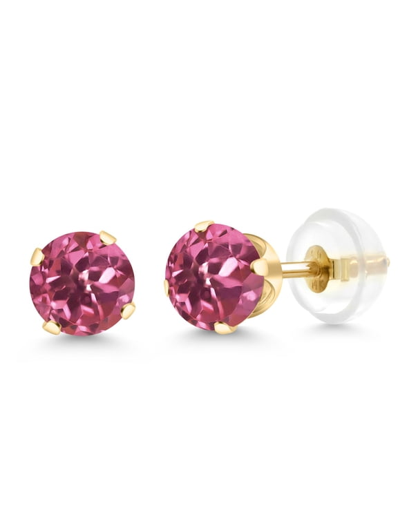 1.04 Cttw Round 5MM Pink Tourmaline 14K Yellow Gold Stud Earrings for Women