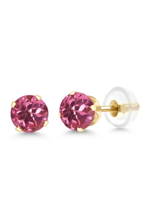1.04 Cttw Round 5MM Pink Tourmaline 14K Yellow Gold Stud Earrings for Women