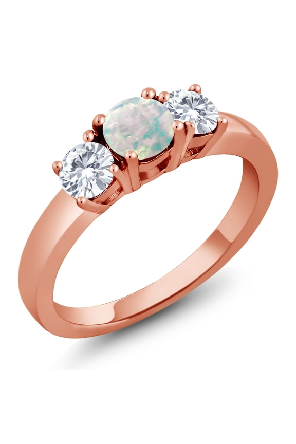 1.04 Ct Round Cabochon White Simulated Opal E-F Lab Grown Diamond 18K Rose Gold Plated Silver Ring (Size 7)