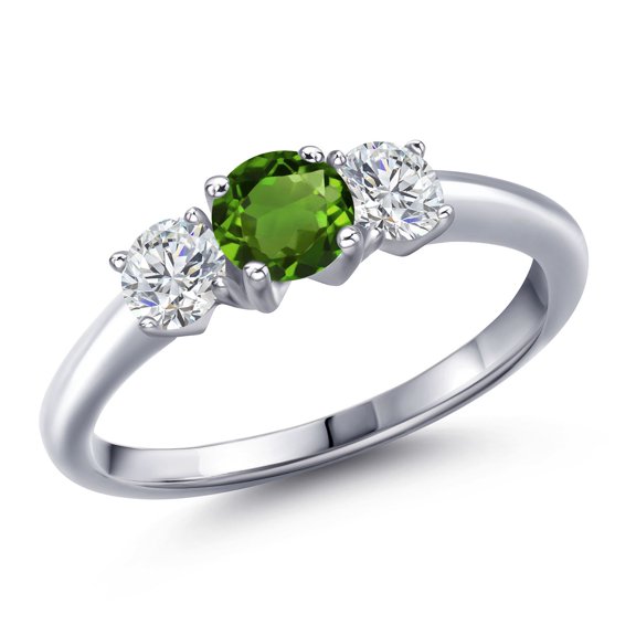 Gem Stone King 925 Sterling Silver Green Chrome Diopside and Lab Grown Diamond Engagement Ring for Women | 1.04 Cttw | Round 5MM | Gemstone Birthstone | Size 6