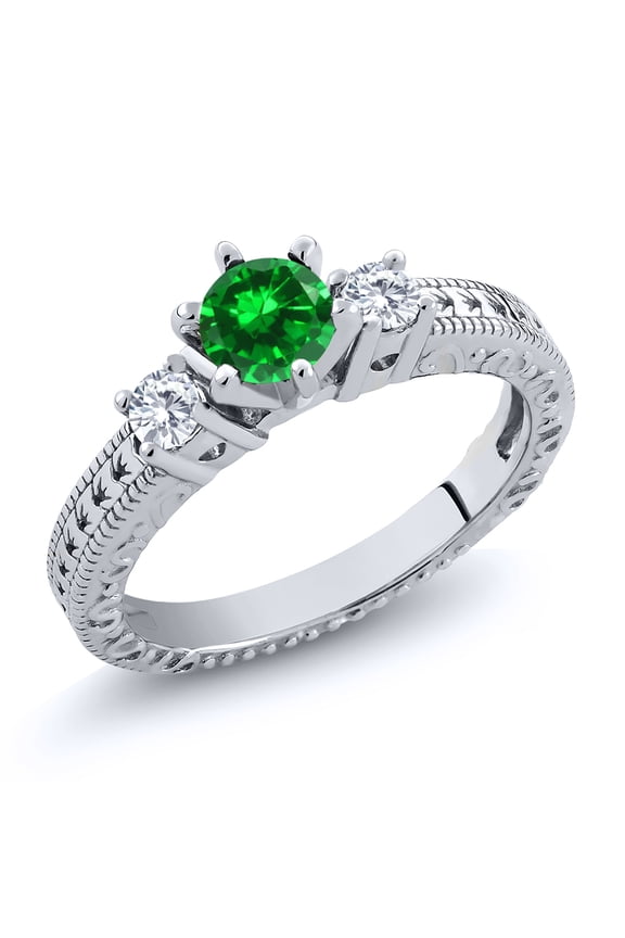 1.04 Ct Round Green Created Emerald E-F Lab Grown Diamond 925 Sterling Silver Ring (Size 5)