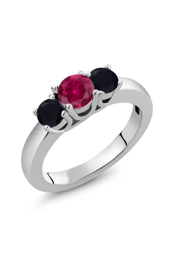 1.04 Ct Round Red Created Ruby Black Onyx 925 Sterling Silver Ring (Size 6)