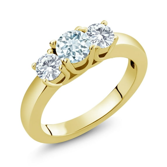 Gem Stone King 1.04 Ct Sky Blue Aquamarine E-F Lab Grown Diamond 18K Yellow Gold Plated Silver Classic 3-Stone Ring for Women (Size 9)