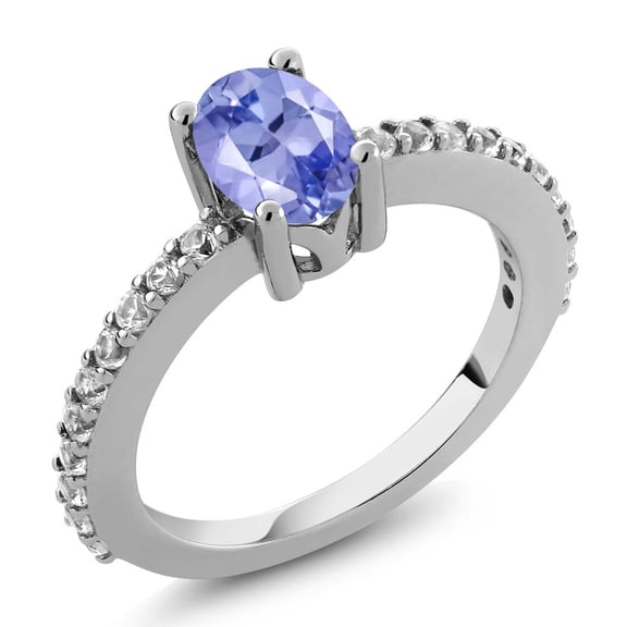 Gem Stone King 1.05 Ct 7x5mm Oval Tanzanite White Created Sapphire 925 Silver Ring (Size 8)