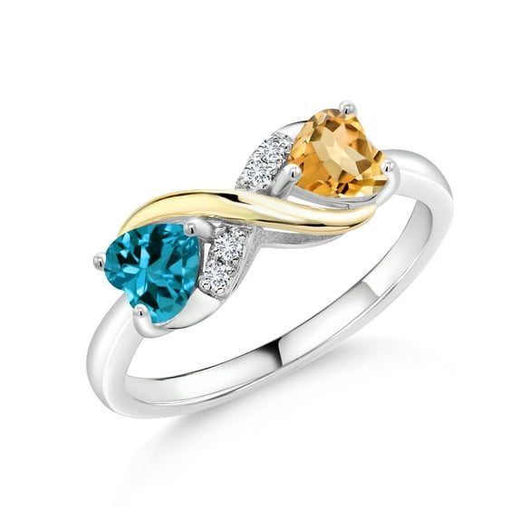 Gem Stone King 1.05 Ct London Blue Topaz Yellow Citrine 925 Silver and 10K Yellow Gold Lab Grown Diamond Ring