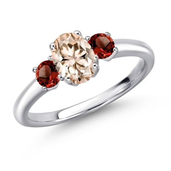 Gem Stone King 925 Sterling Silver Peach Morganite and Red Garnet Engagement Ring for Women | 1.05 Cttw | Oval 7X5MM | Gemstone October Birthstone | Size 6