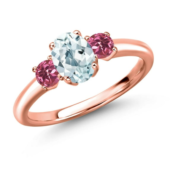 Gem Stone King 18K Rose Gold Plated Silver Sky Blue Aquamarine and Pink Tourmaline Engagement Ring for Women | 1.05 Cttw | Oval 7X5MM | Gemstone March Birthstone | Size 8