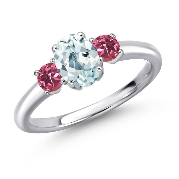 Gem Stone King 925 Sterling Silver Sky Blue Aquamarine and Pink Tourmaline Engagement Ring for Women | 1.05 Cttw | Oval 7X5MM | Gemstone March Birthstone | Size 7
