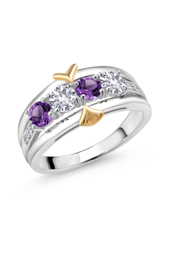 1.05 Ct Purple Amethyst White Created Sapphire 925 Silver and 10K Yellow Gold 4-Stone Lab Grown Diamond Band Ring (Size 8)