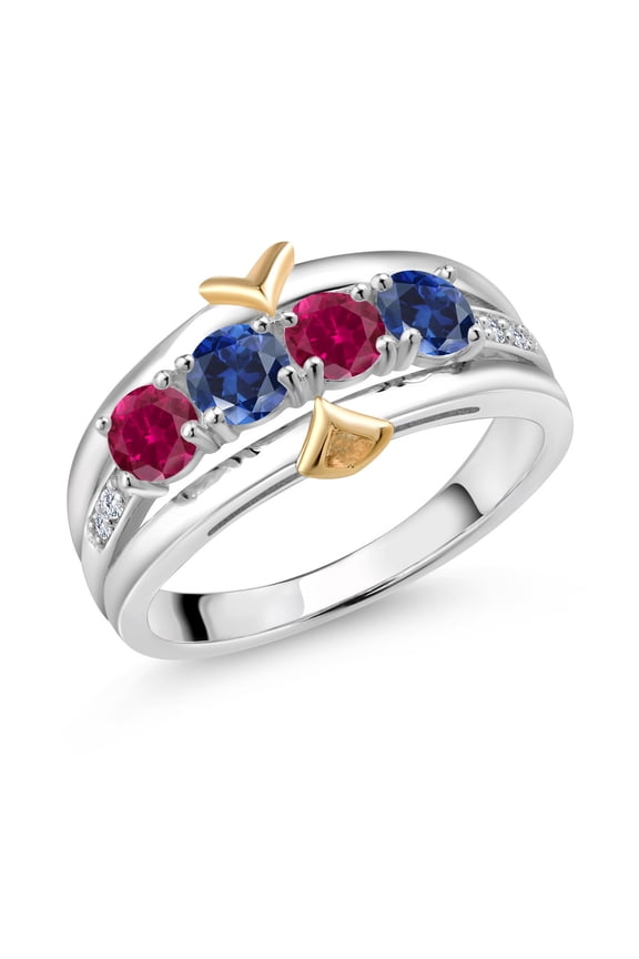 1.05 Ct Red Created Ruby Blue Created Sapphire 925 Silver and 10K Yellow Gold 4-Stone Lab Grown Diamond Band Ring (Size 6)