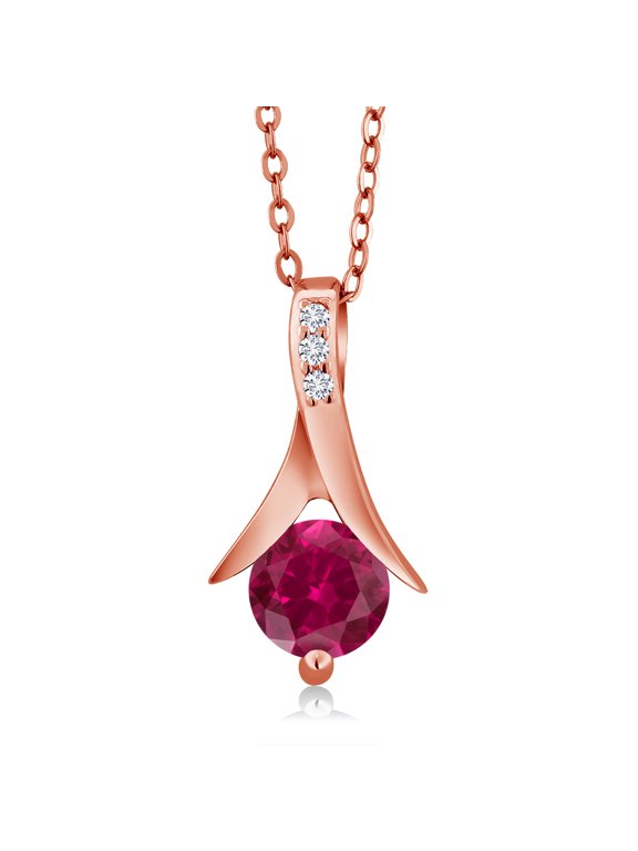 1.05 Ct Red Created Ruby E-F Lab Grown Diamond 18K Rose Gold Plated Silver Pendant with Chain