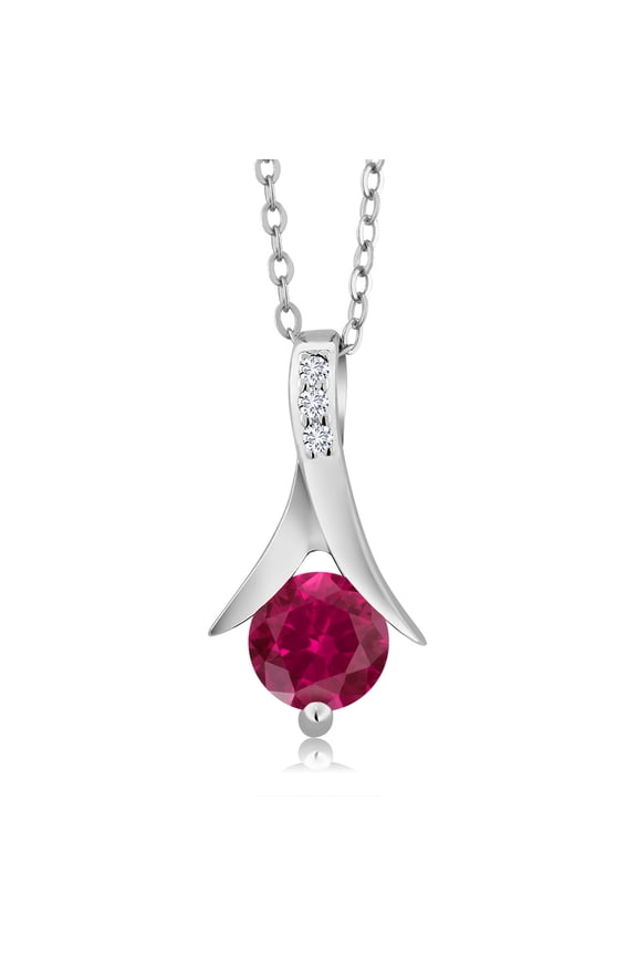 1.05 Ct Red Created Ruby E-F Lab Grown Diamond 925 Sterling Silver Pendant with Chain
