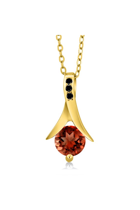 1.05 Ct Red Garnet Black Diamond 18K Yellow Gold Plated Silver Pendant with Chain