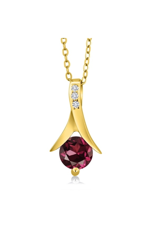 1.05 Ct Red Rhodolite Garnet E-F Lab Grown Diamond 18K Yellow Gold Plated Silver Pendant with Chain