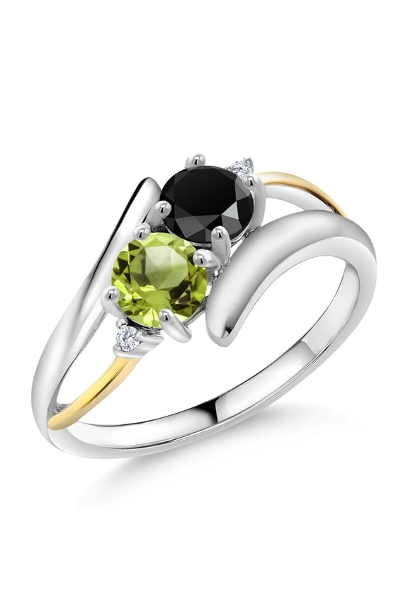 1.05 Cttw Round Black Onyx Green Peridot and Lab Grown Diamond Two Stone Crossover Ring for Women | 925 Silver and 10K Yellow Gold | Gemstone Birthstone | Size 5 - 9 | Size 7