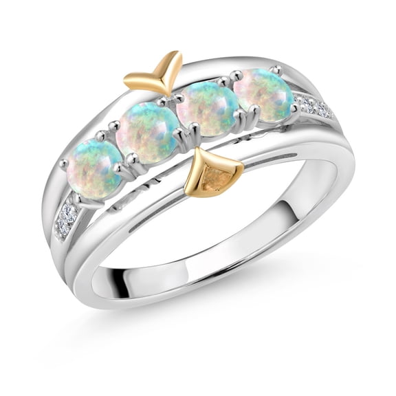 Gem Stone King 1.05 Ct Round Cabochon White Simulated Opal 925 Silver and 10K Yellow Gold 4-Stone Lab Grown Diamond Band Ring (Size 5)