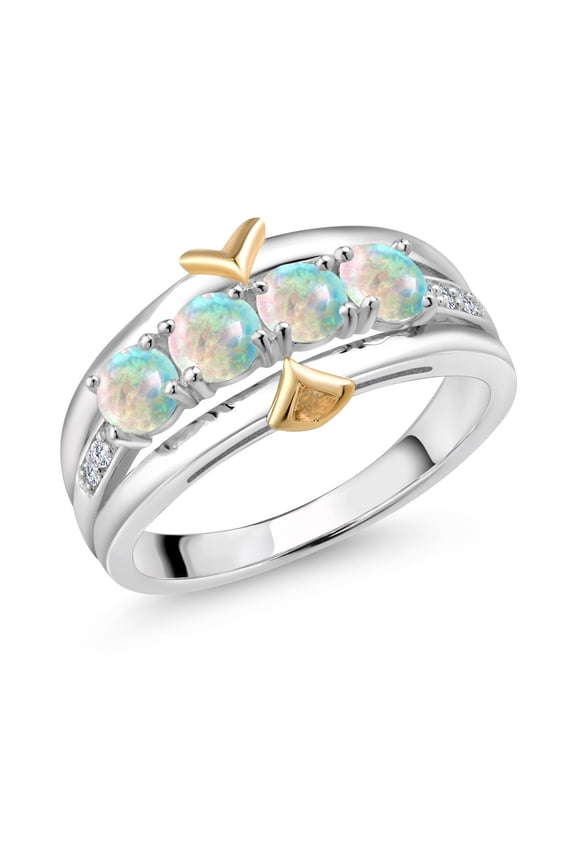1.05 Ct Round Cabochon White Simulated Opal 925 Silver and 10K Yellow Gold 4-Stone Lab Grown Diamond Band Ring (Size 8)