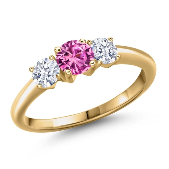 Gem Stone King 18K Yellow Gold Plated Silver Pink Created Sapphire and White Zirconia Engagement Ring for Women | 1.05 Cttw | Round 5MM | Gemstone September Birthstone | Size 6