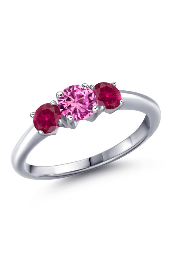 925 Sterling Silver Pink Created Sapphire and Red Created Ruby Engagement Ring for Women | 1.05 Cttw | Round 5MM | Gemstone September Birthstone | Size 6