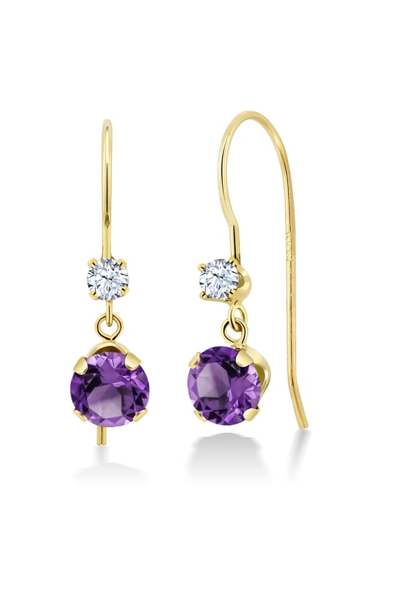 14K Yellow Gold Purple Amethyst and White Zirconia French Wire Dangle Hook Earrings for Women (1.05 Cttw, Gemstone February Birthstone, Round 5MM and 2.5MM)