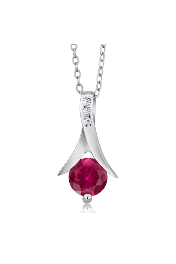 1.05 Ct Round Red Created Ruby 925 Sterling Silver Pendant with Chain