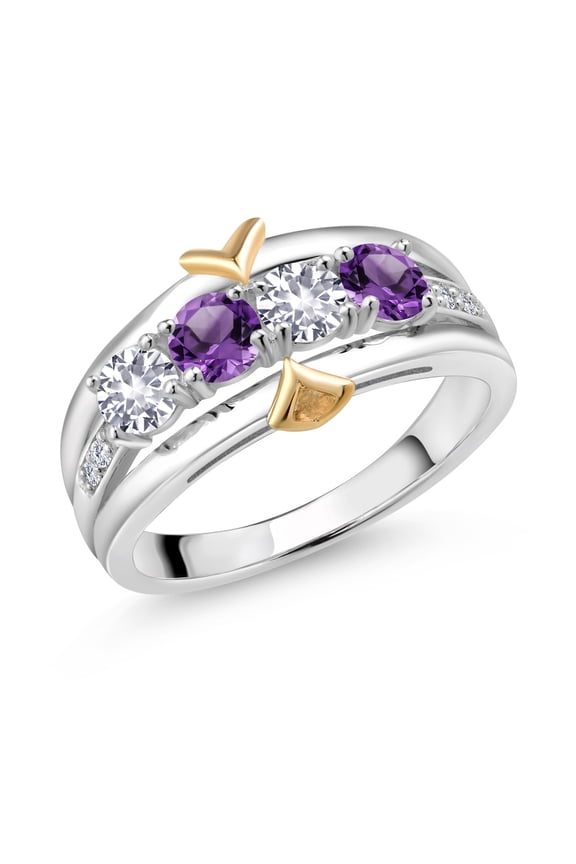 1.05 Ct White Created Sapphire Purple Amethyst 925 Silver and 10K Yellow Gold 4-Stone Lab Grown Diamond Band Ring (Size 7)