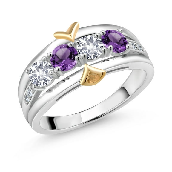 Gem Stone King 1.05 Ct White Created Sapphire Purple Amethyst 925 Silver and 10K Yellow Gold 4-Stone Lab Grown Diamond Band Ring (Size 6)