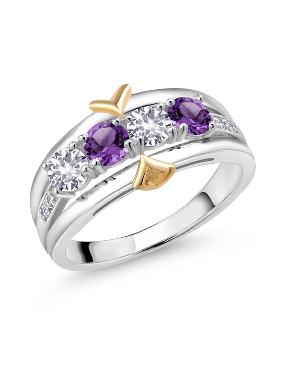 1.05 Ct White Created Sapphire Purple Amethyst 925 Silver and 10K Yellow Gold 4-Stone Lab Grown Diamond Band Ring (Size 7)