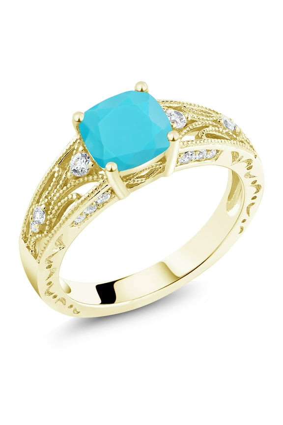 1.06 Ct Cushion Green Turquoise 18K Yellow Gold Plated Silver Ring (Size 5)